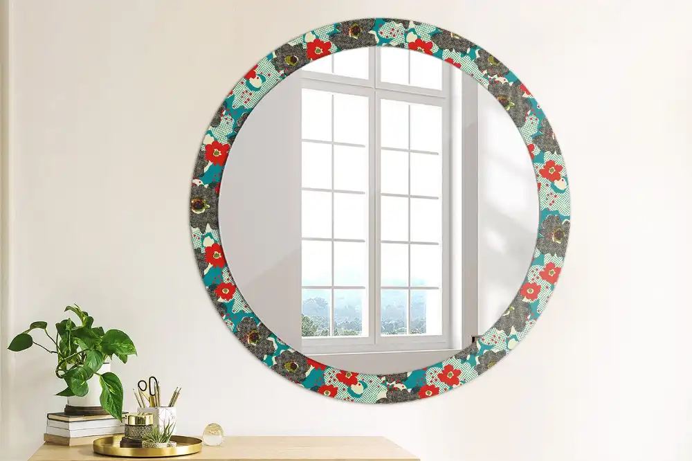 Round mirror frame with print Retro flowers pattern