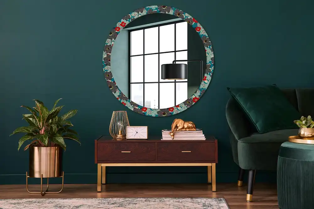 Round mirror frame with print Retro flowers pattern