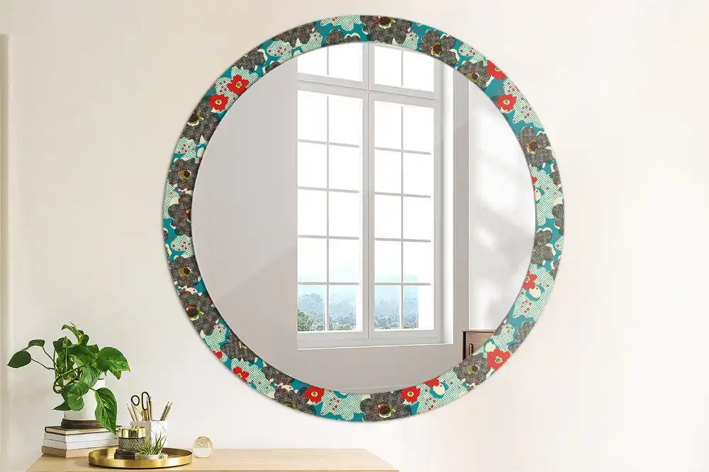 Round mirror frame with print Retro flowers pattern