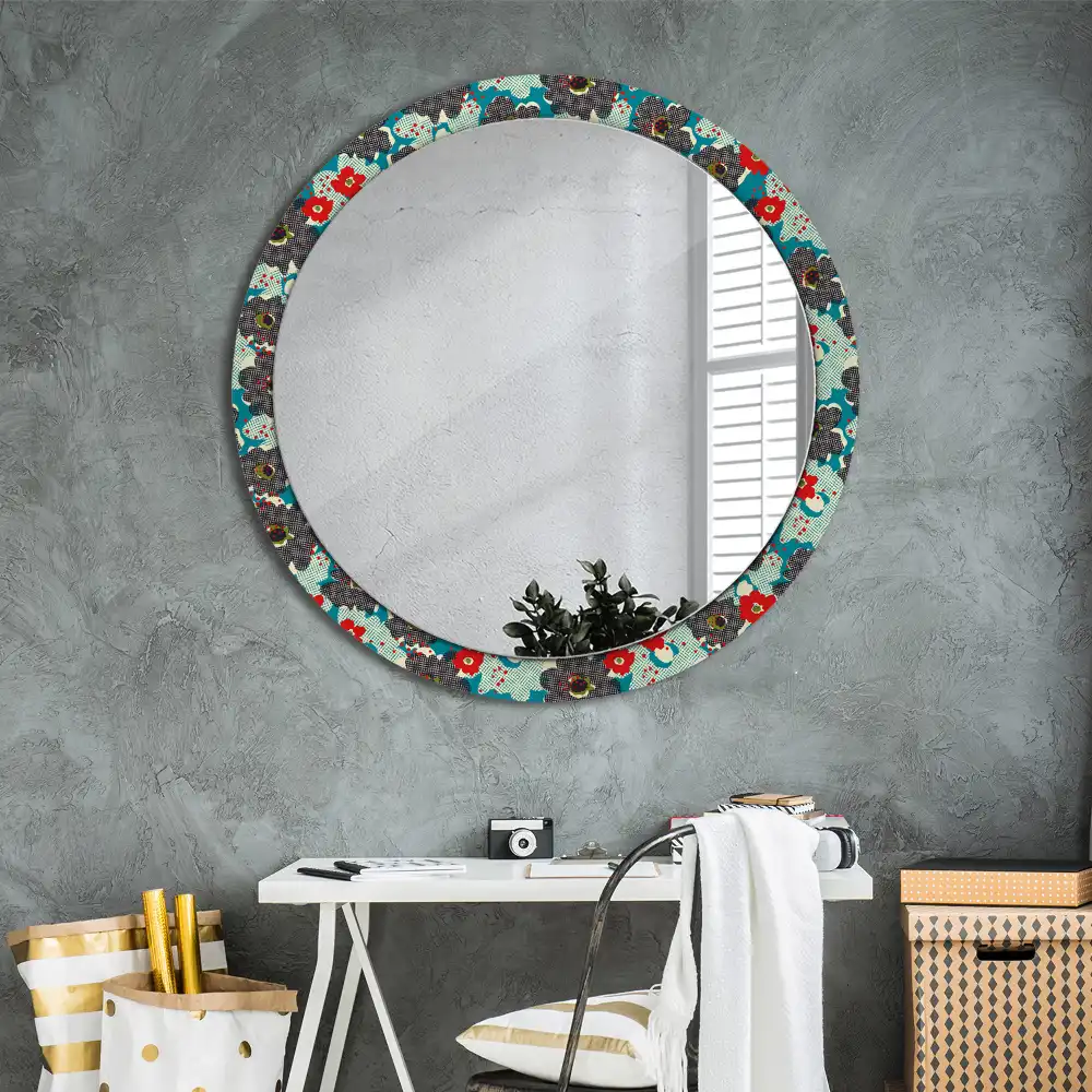 Round mirror frame with print Retro flowers pattern