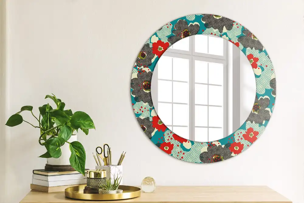 Round mirror frame with print Retro flowers pattern