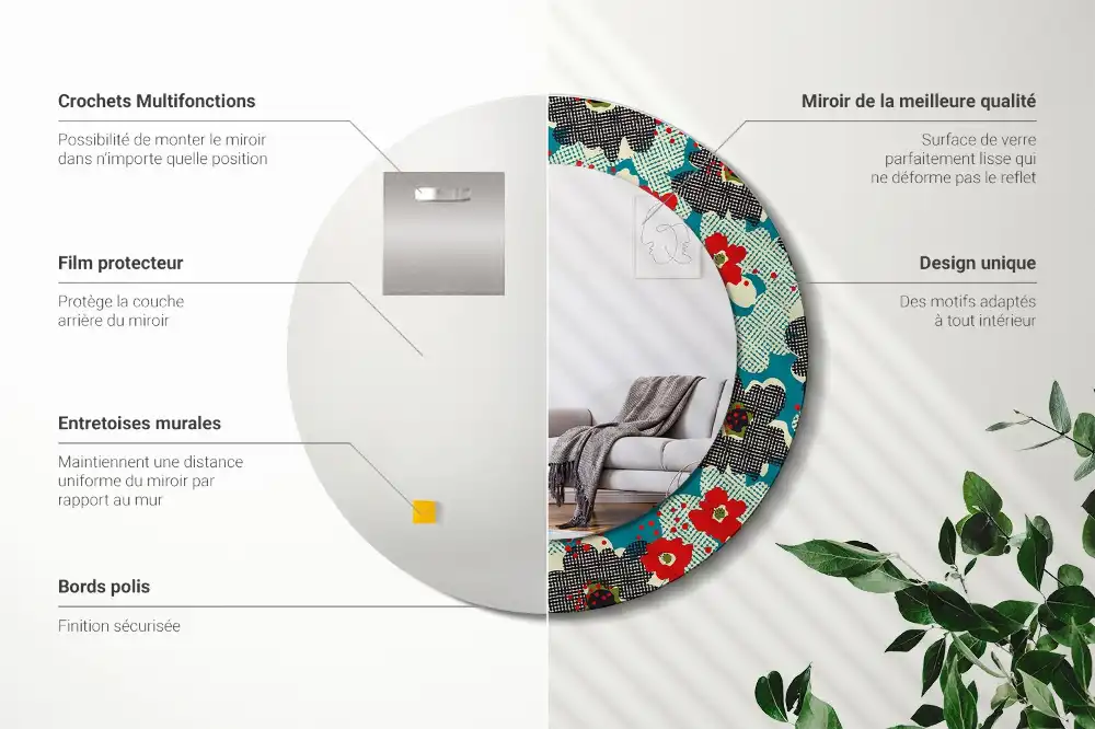 Round mirror frame with print Retro flowers pattern