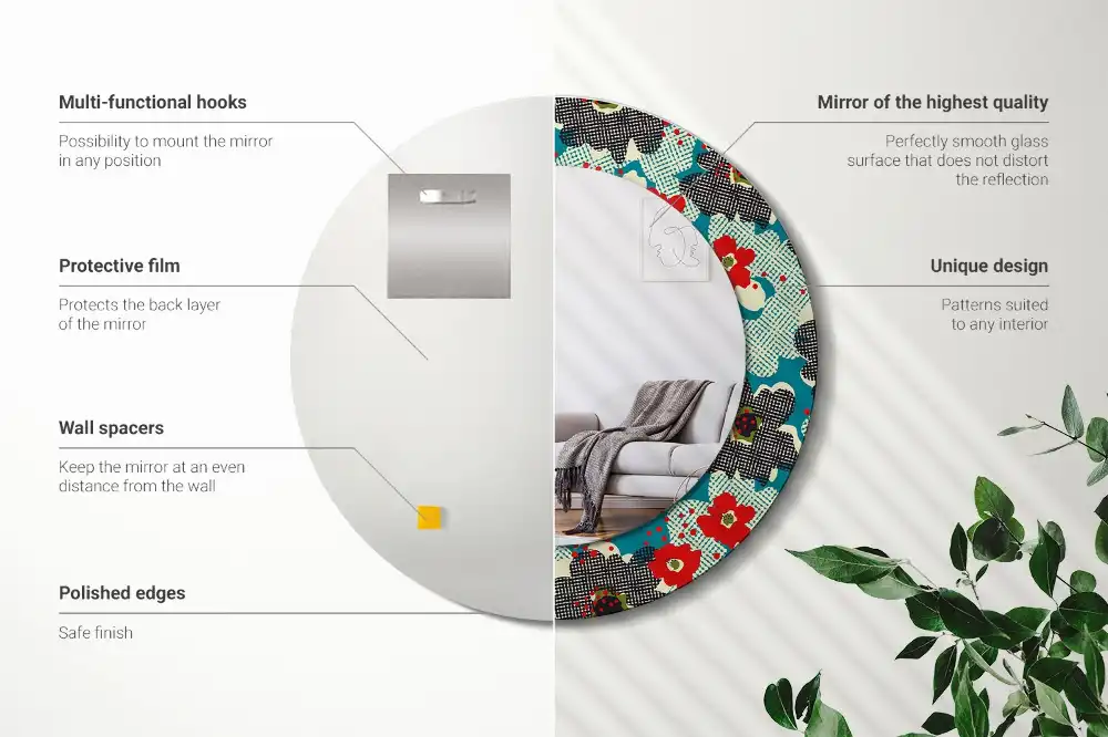 Round mirror frame with print Retro flowers pattern