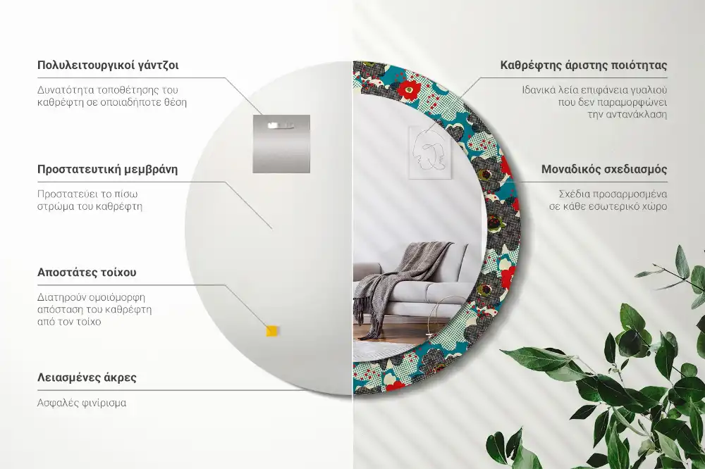 Round mirror frame with print Retro flowers pattern