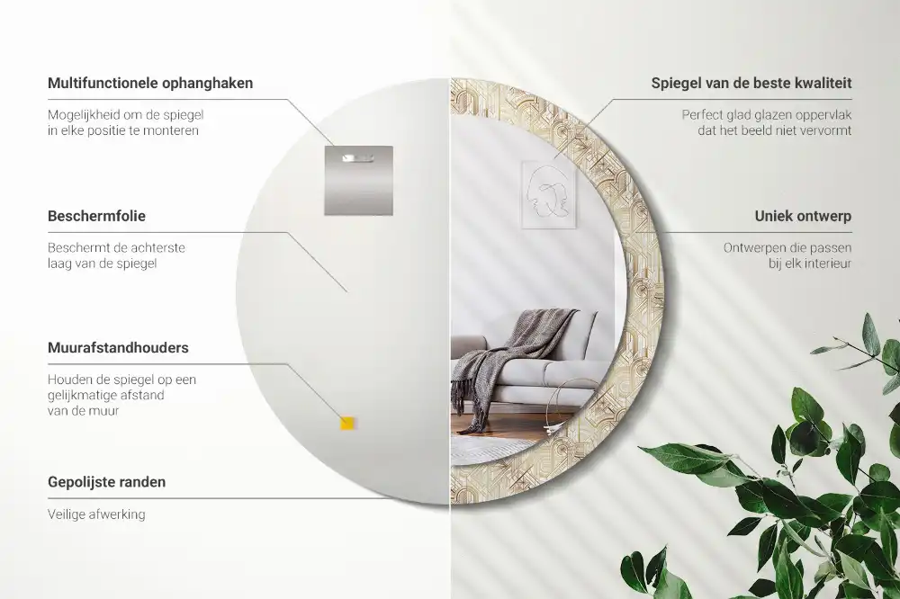 Round mirror frame with print Art deco composition