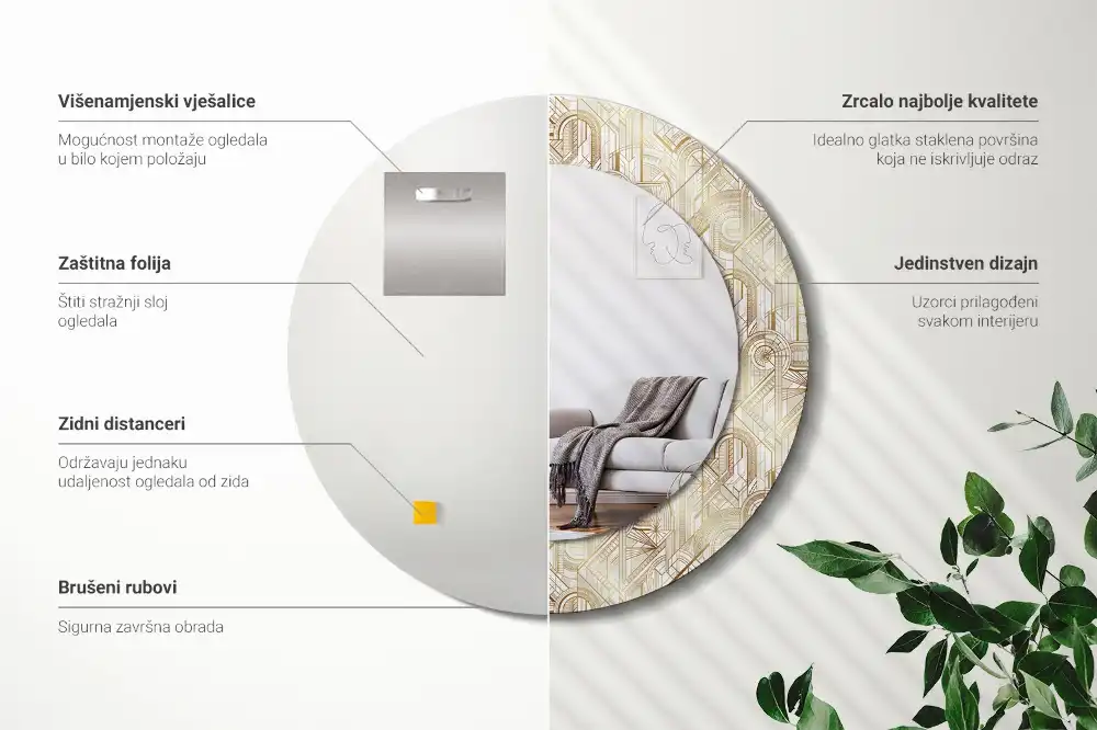 Round mirror frame with print Art deco composition