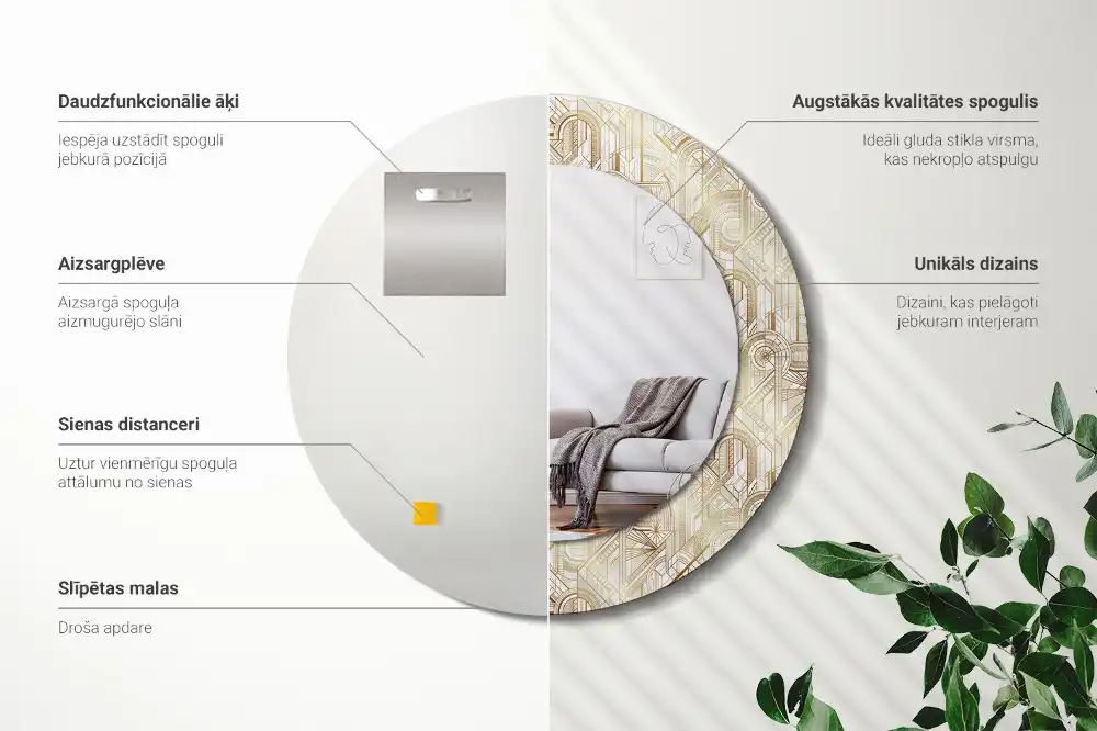 Round mirror frame with print Art deco composition