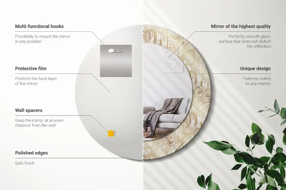 Round mirror frame with print Art deco composition