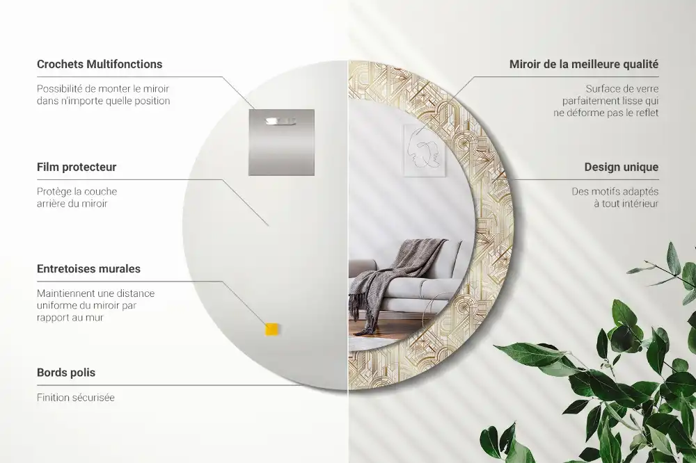 Round mirror frame with print Art deco composition