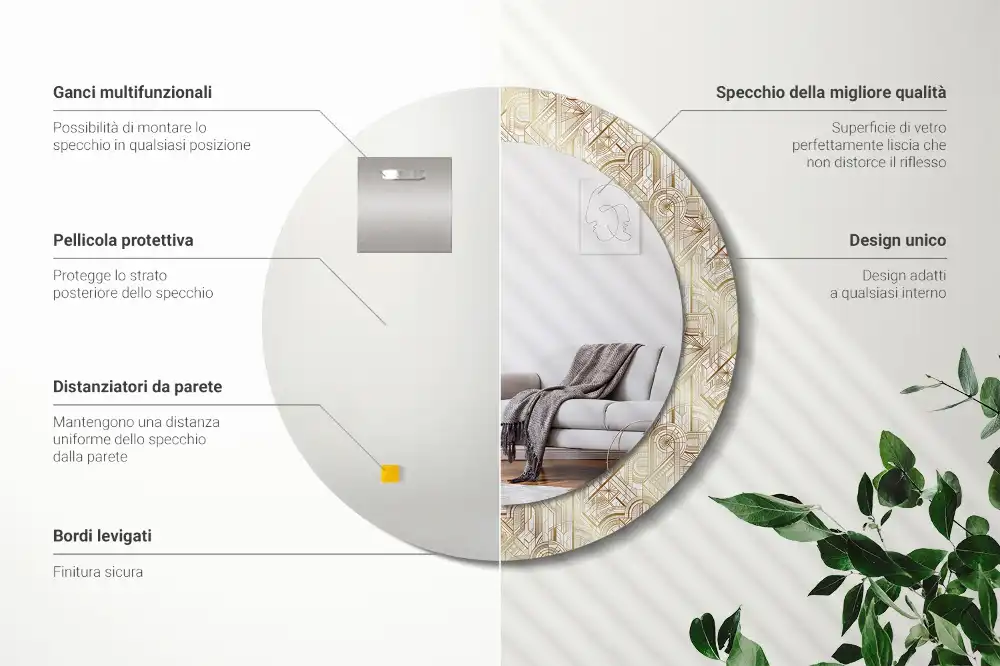 Round mirror frame with print Art deco composition