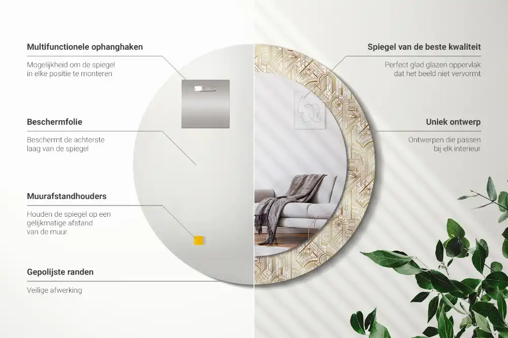 Round mirror frame with print Art deco composition