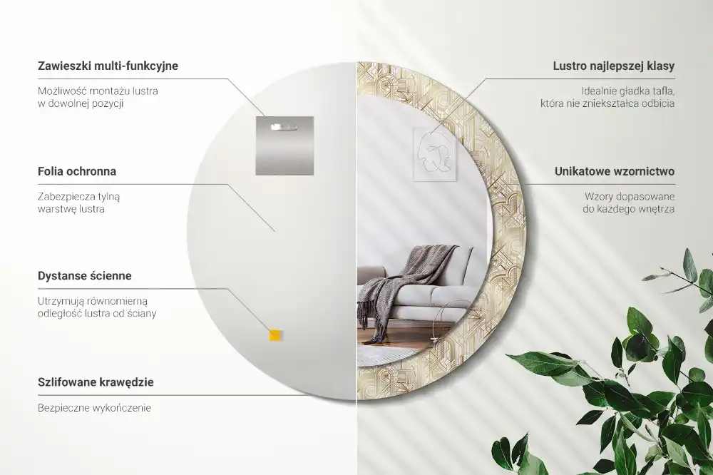 Round mirror frame with print Art deco composition