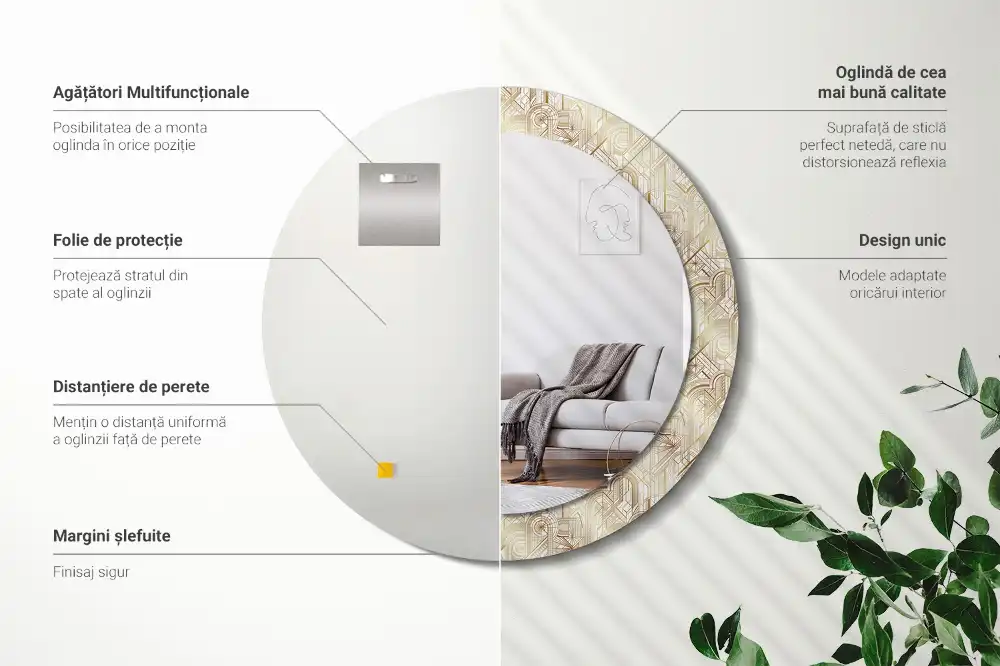 Round mirror frame with print Art deco composition