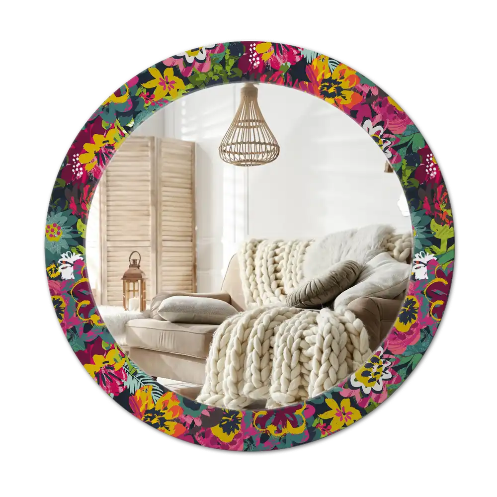 Round mirror frame with print Painted flowers