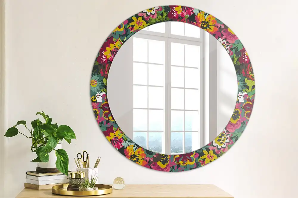 Round mirror frame with print Painted flowers
