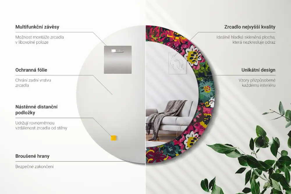 Round mirror frame with print Painted flowers