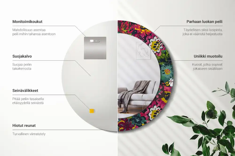 Round mirror frame with print Painted flowers