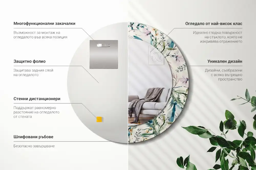 Round printed mirror Watercolor flowers