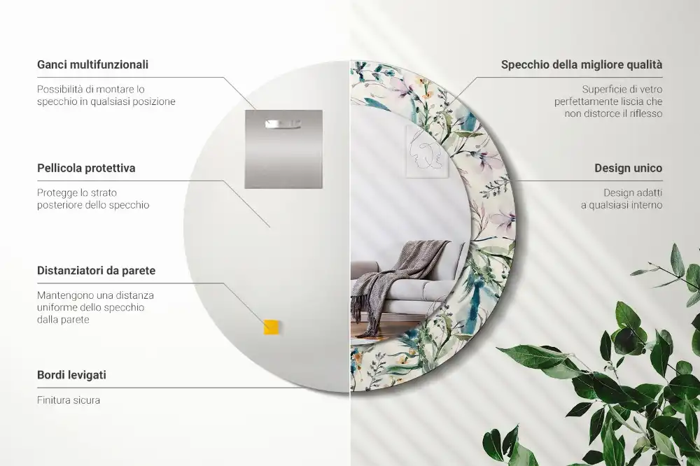 Round printed mirror Watercolor flowers
