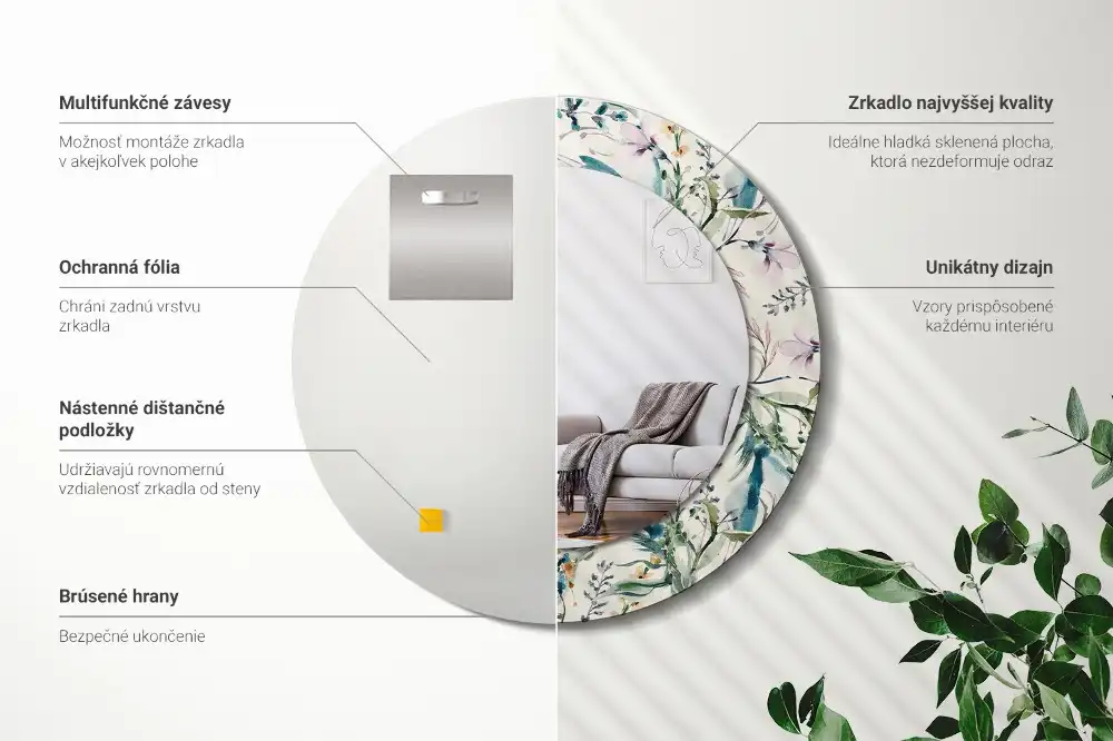 Round printed mirror Watercolor flowers