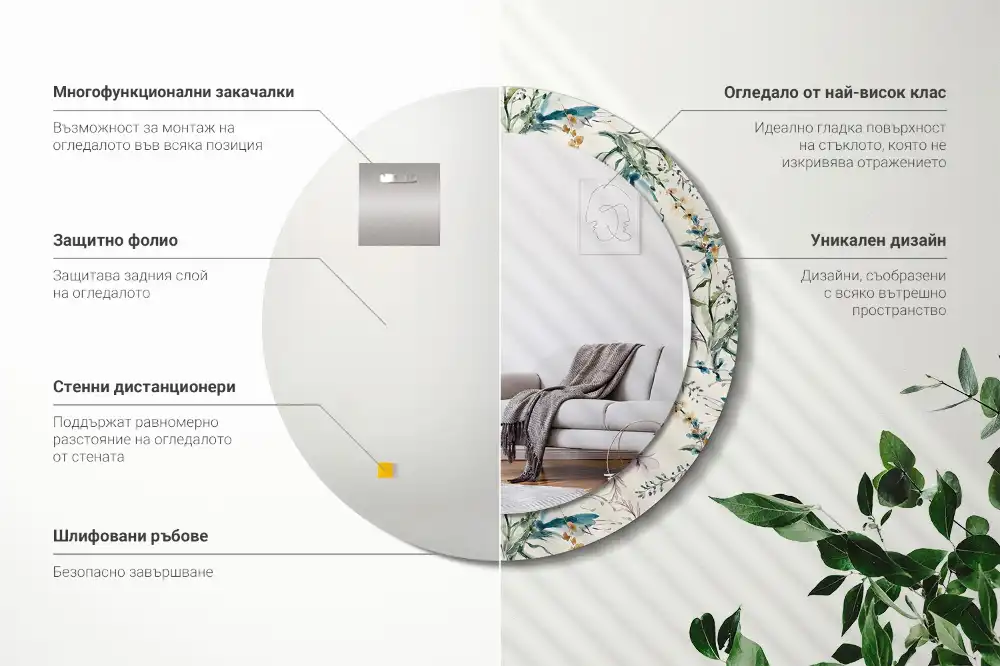 Round printed mirror Watercolor flowers