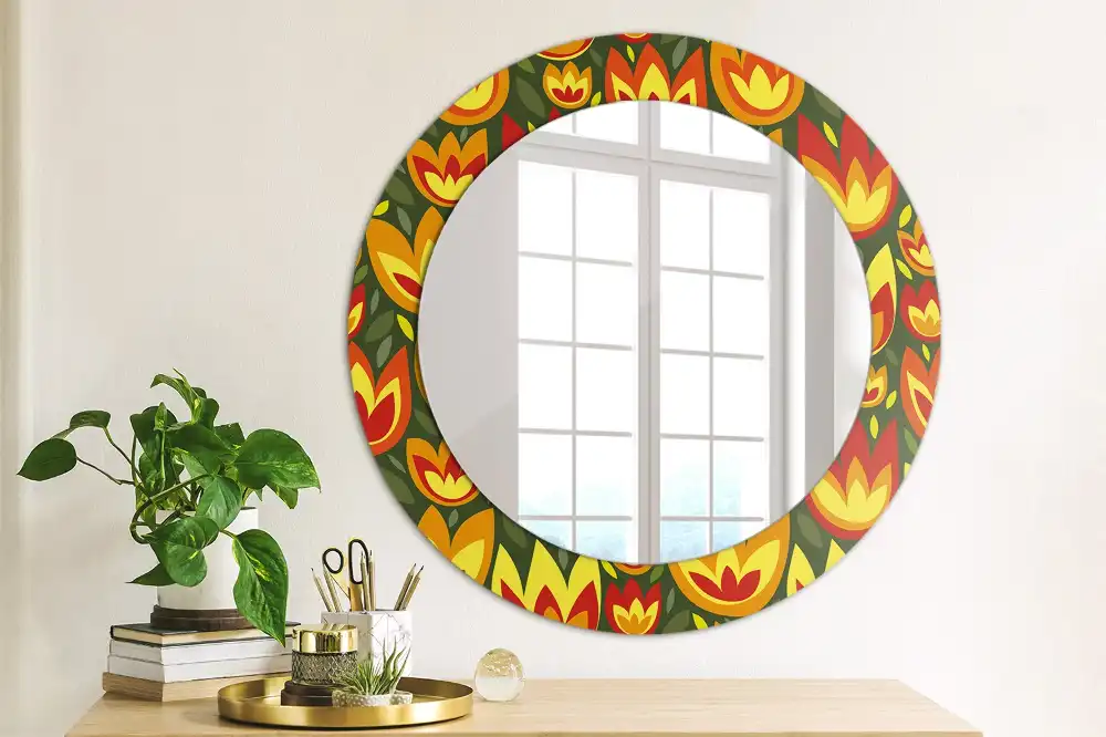 Round mirror frame with print Retro tulips
