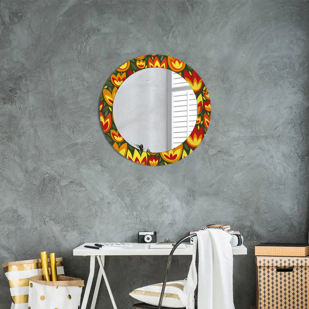 Round mirror frame with print Retro tulips