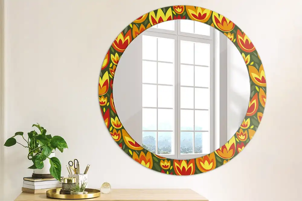 Round mirror frame with print Retro tulips