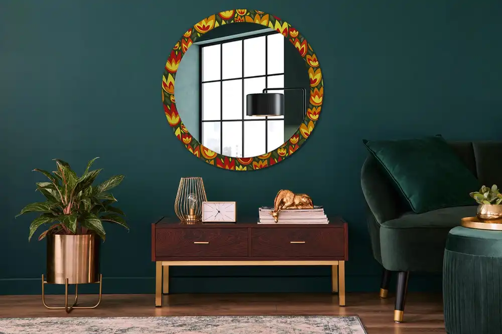 Round mirror frame with print Retro tulips