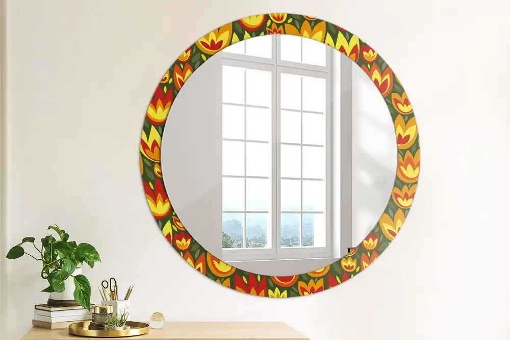 Round mirror frame with print Retro tulips