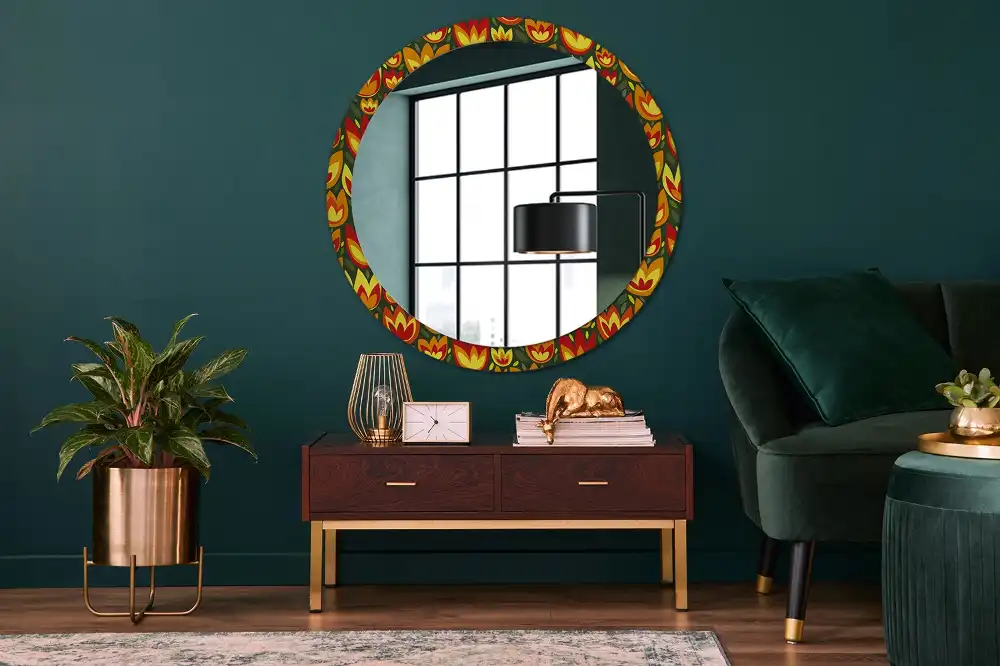 Round mirror frame with print Retro tulips