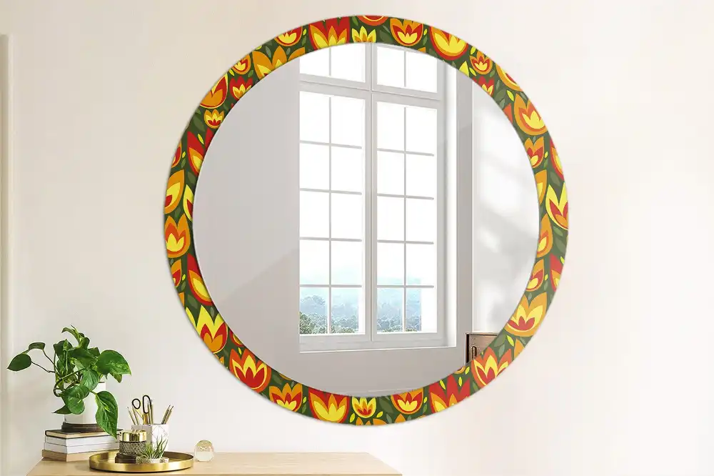Round mirror frame with print Retro tulips