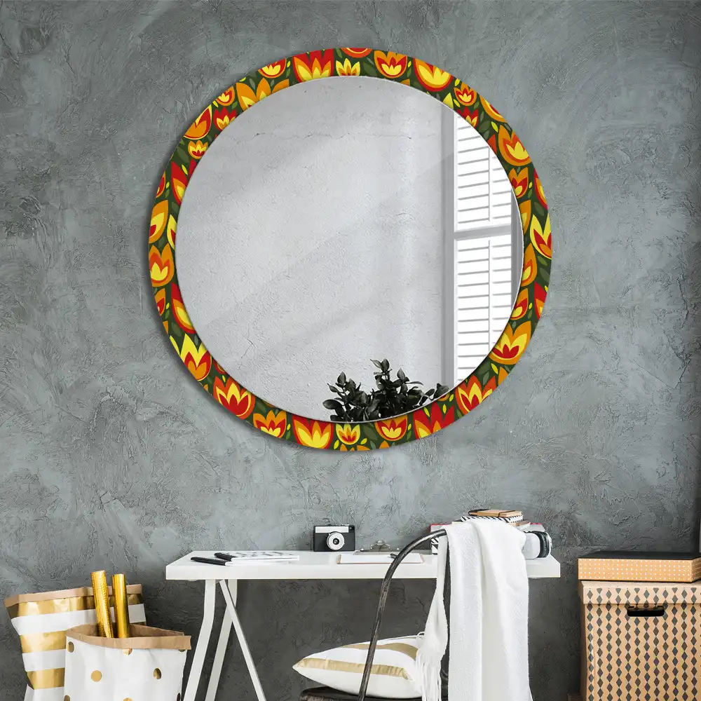 Round mirror frame with print Retro tulips