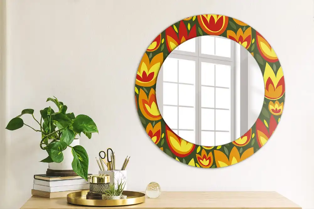 Round mirror frame with print Retro tulips