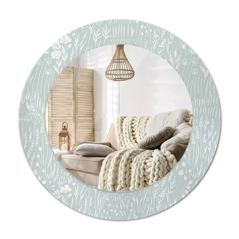 Round printed mirror Snail in the meadow