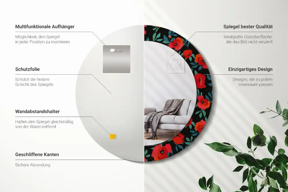 Round printed mirror Red poppy