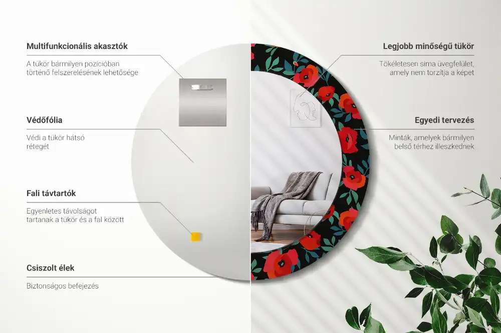 Round printed mirror Red poppy