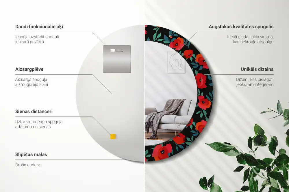 Round printed mirror Red poppy