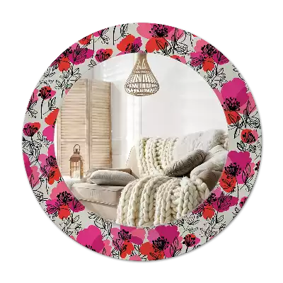 Round wall mirror decor Pink poppies