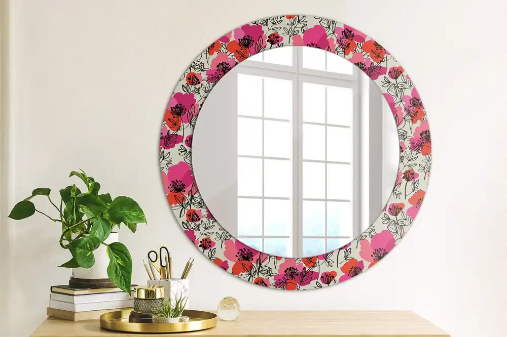 Round wall mirror decor Pink poppies