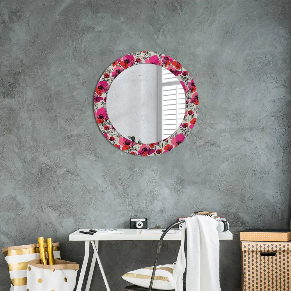 Round wall mirror decor Pink poppies