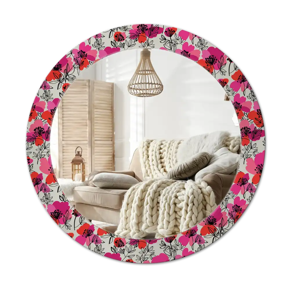Round wall mirror decor Pink poppies