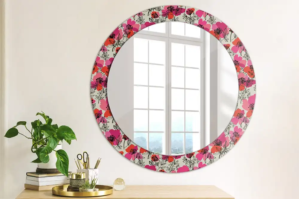 Round wall mirror decor Pink poppies