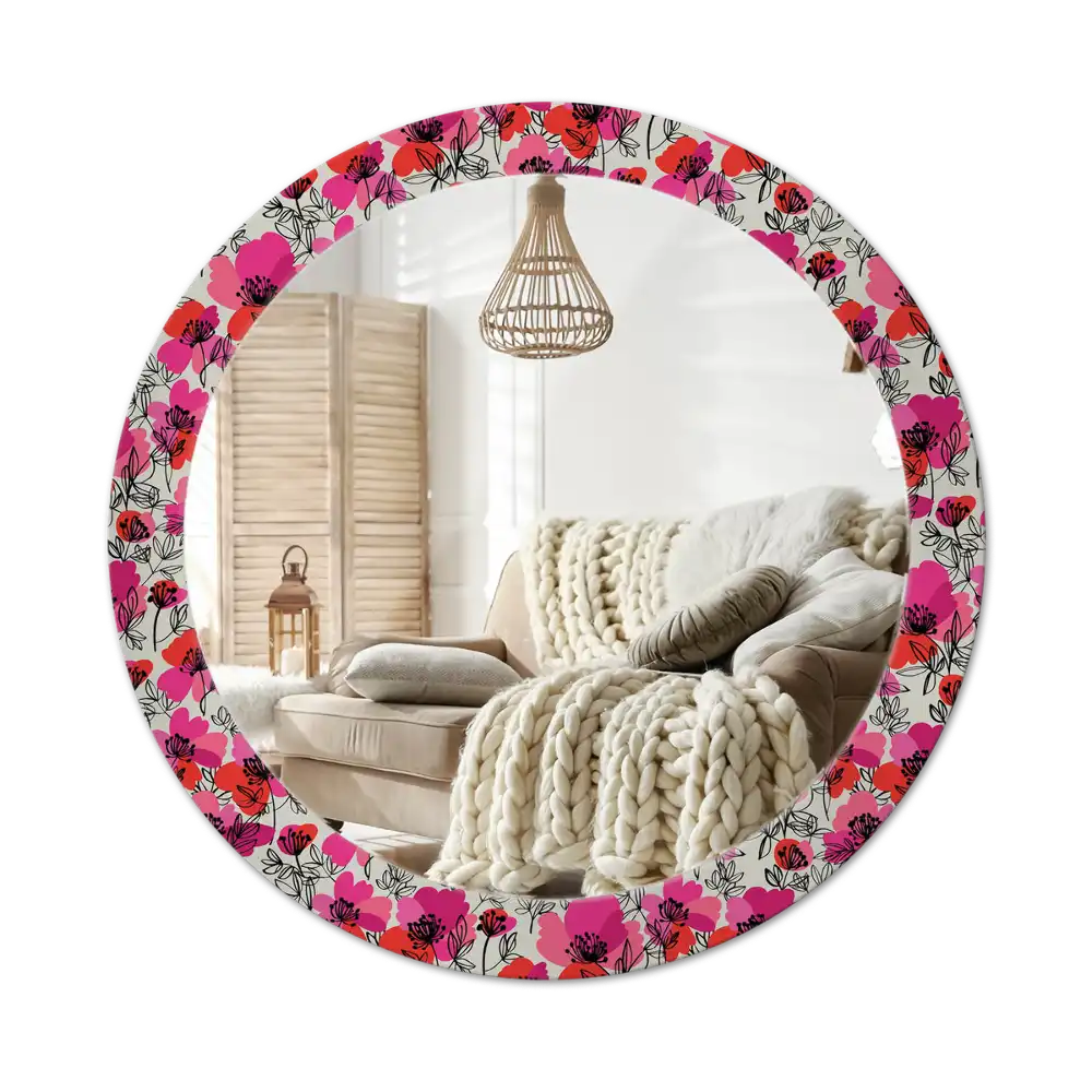 Round wall mirror decor Pink poppies