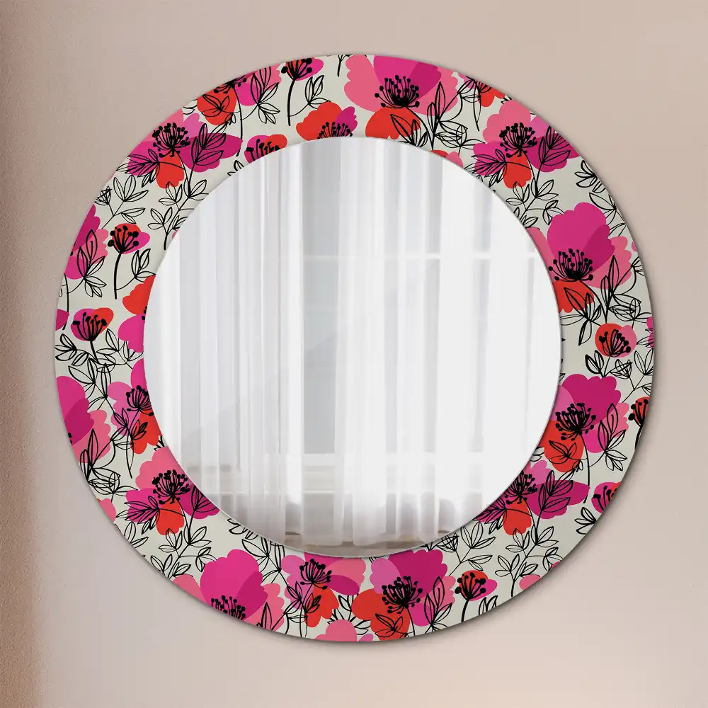 Round wall mirror decor Pink poppies