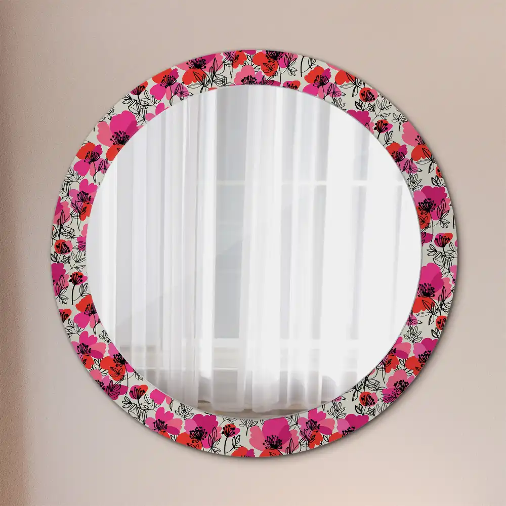 Round wall mirror decor Pink poppies