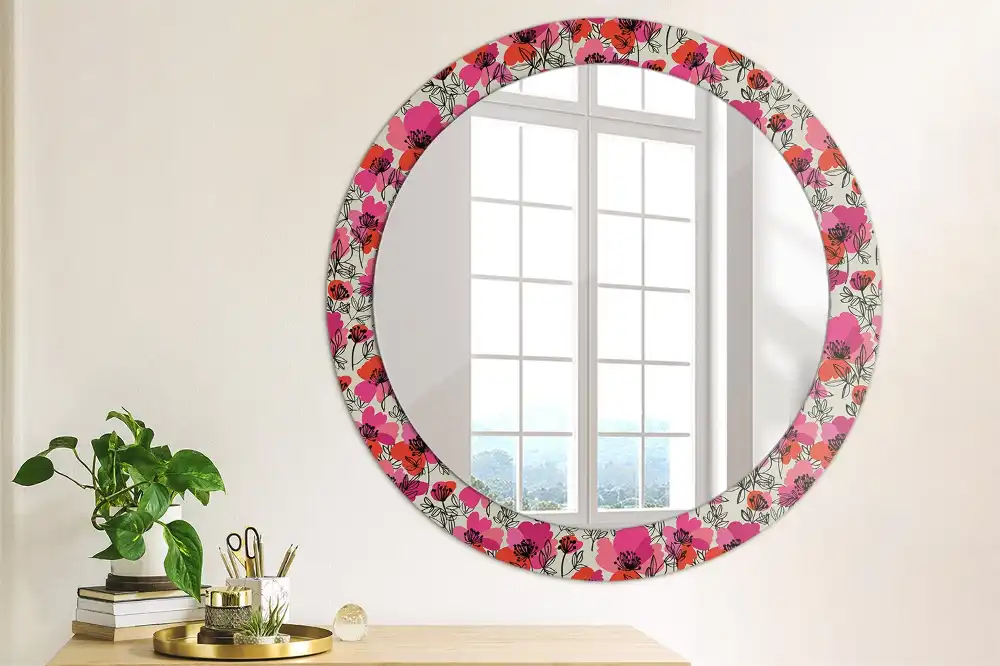 Round wall mirror decor Pink poppies