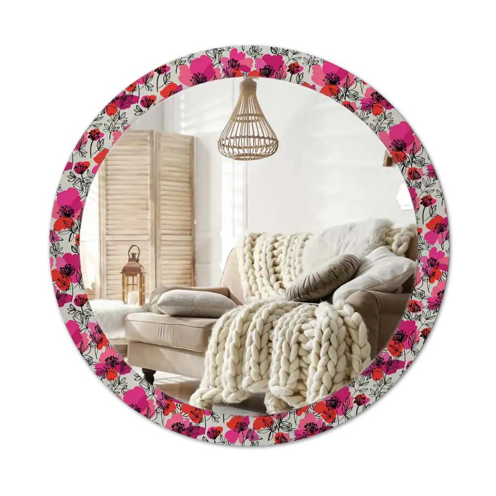 Round wall mirror decor Pink poppies