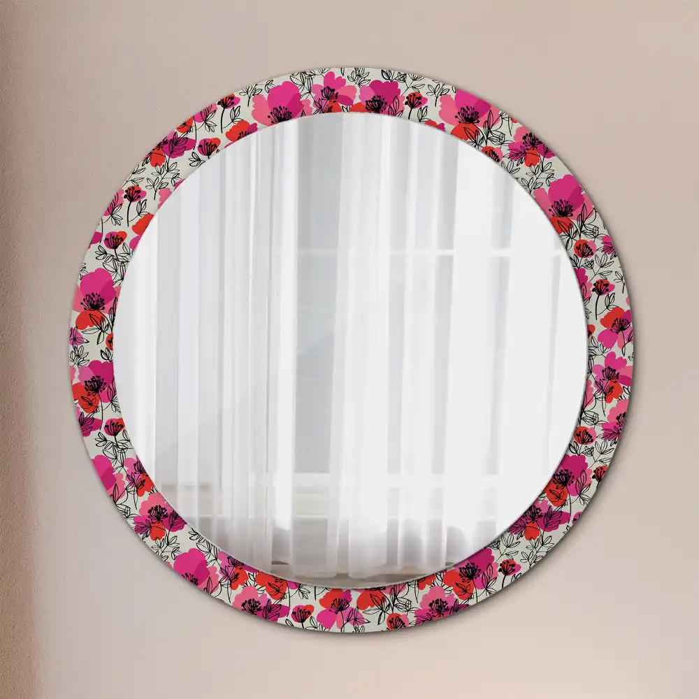 Round wall mirror decor Pink poppies