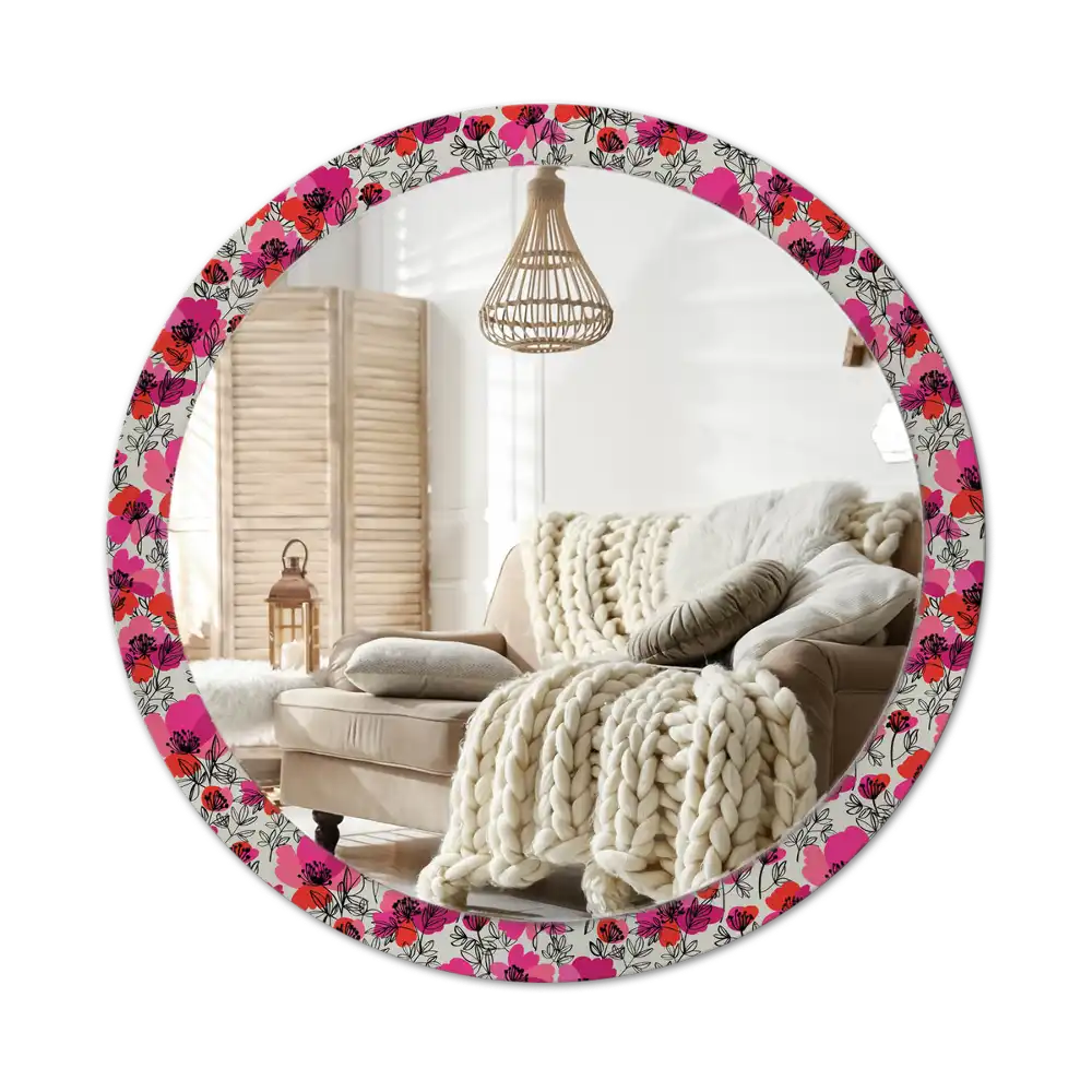 Round wall mirror decor Pink poppies